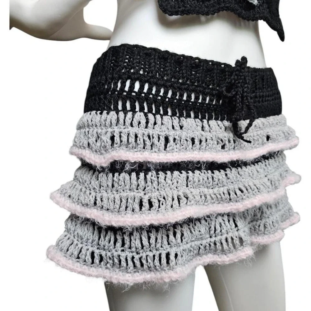 Handmade Crochet Mini‎ Skirt – Black, Gray & Pink Ruffle Knit